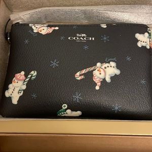 Coach Black Snowman Wristlet with Holiday Print in Coach Gift box. NWT